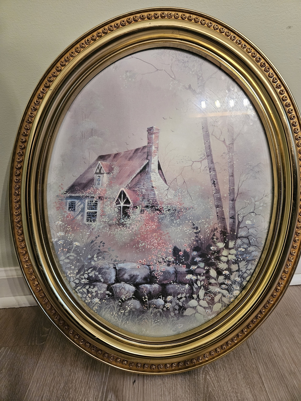 Vintage Large Syroco Oval Pastel Cottage Print in Gold Frame